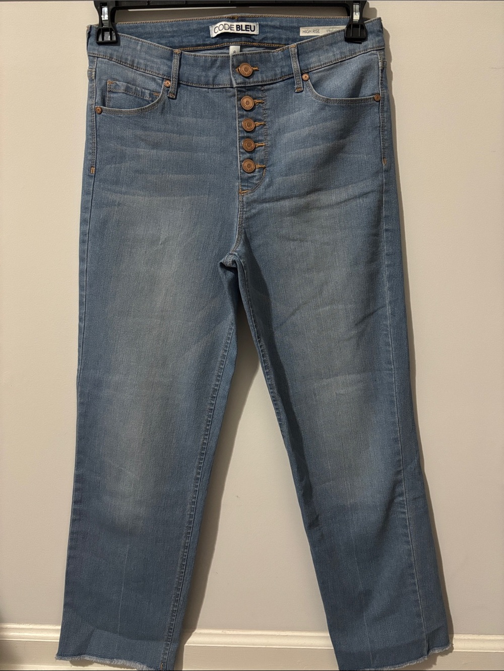 CodeBleu High Rise Straight Ankle Button-Fly Light Wash Jeans
